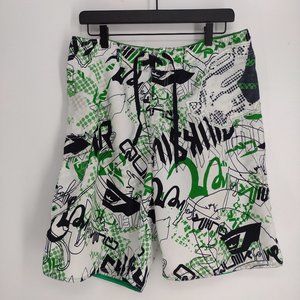 Quiksilver Cargo Side Pocket Logo Print Green Black & White Surf Board Shorts
